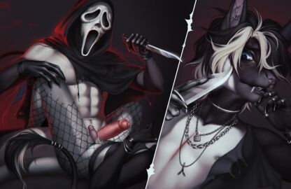 acrador anthro b.koal black_hair blonde_hair bodily_fluids clothing cybernetics duo fishnet_clothing fishnet_legwear genitals ghostface_(scream) gloves hair handwear hi_res jewelry knife knife_play koen_(tarkeen) leather leather_clothing leather_gloves leather_handwear legwear lyon_(slashpuppy) machine male male/male mask muscular penis size_difference slim wounded