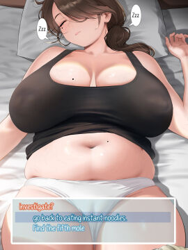 1girls alternate_version_available belly breasts brown_hair chubby chubby_female closed_eyes english_text female hi_res huge_breasts judies lying lying_on_back mature mature_female mature_woman milf mole mole_on_breast mole_under_eye navel on_back original panties plump sleeping text text_box underwear white_panties zzz