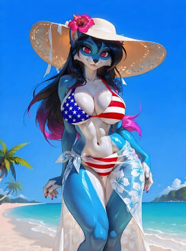 1girls 4th_of_july ai_generated american_flag_bikini animal_ears anthro anthro_female anthro_only beach beachside bikini black_hair blue_fur blue_sky day daytime female female_focus fourth_of_july furry furry_female furry_girl hat hi_res hires holidays hourglass_figure large_breasts looking_at_viewer narrow_waist ocean outdoors pink_eyes pink_hair sky snout stars stripes summer trees two_tone_fur two_tone_hair underboob united_states_of_america upscaled water wearing_hat white_fur wide_hips