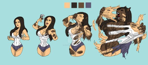 black_hair breasts brown_hair disguise female johnnyharadrim large_breasts muscular muscular_female original original_character shirt shorts skinsuit tearing_clothes werewolf white_shirt wide_hips