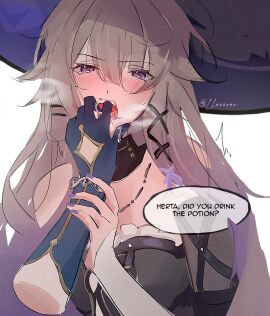 2girls female fingers_in_mouth fully_clothed hands_in_mouth herta_(honkai:_star_rail) highres honkai:_star_rail honkai_(series) mihoyo ruan_mei_(honkai:_star_rail) saliva saliva_drip text the_herta_(honkai:_star_rail) yuri