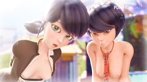 2girls 3d artist_name blue_eyes blue_hair breasts breasts_out censored cute disney duo female female_only kagami_tsurugi looking_at_viewer marinette_dupain-cheng miraculous:_tales_of_ladybug_and_cat_noir miraculous_ladybug mosaic_censoring multiple_females multiple_girls naked_female orange_eyes pigtails public pumpkincat self_upload small_breasts tie
