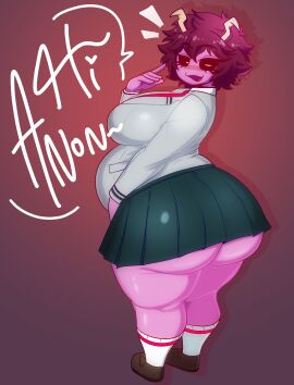 1girls ass ass_bigger_than_head bbw behind_view big_ass big_breasts big_butt black_sclera breasts bubble_ass bubble_butt chubby chubby_female clothing curvaceous curvy curvy_figure dialogue english_text female female_only fully_clothed gayplantsex horns huge_ass huge_breasts looking_at_viewer mina_ashido my_hero_academia overweight overweight_female red_background school_uniform seductive_look shounen_jump skirt solo solo_female talking_to_viewer text thick_thighs voluptuous voluptuous_female wide_hips yellow_eyes