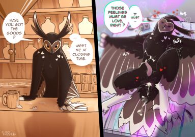 abstract_background after_sex ambiguous_fluids anthro anus asio_otus ass avian bartender beak bird blush bodily_fluids breath brown_body colored comic cum cum_in_ass cum_in_cloaca cum_inside cum_on_body cum_on_feathers cum_on_penis desperation detailed_background drug_dealer drugs english_text exhausted feathered_wings feathers feet furniture genital_fluids genitals heart_(marking) hi_res imminent_sex long_eared_owl looking_at_another looking_at_partner looking_at_viewer looking_pleasured love_starved lying male male/male messy messy_feathers on_back on_drugs orange_eyes owl owltus panting penis pills pink_penis psychedelic psychedelic_background rozalid saliva serious_face sex_on_table shadowy_figure solo stoned substance_intoxication table talking_to_another talking_to_partner talons tavern text toes true_owl tufted_ears waiter wings working