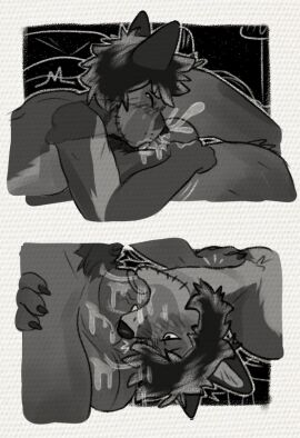 2boys animal_genitalia animal_penis anthro anthro_on_anthro anthro_penetrated anthro_penetrating anthro_penetrating_anthro balls big_balls big_penis black_and_white blush blush_lines bodily_fluids canid canine canine_genitalia canine_penis claws closed_eyes cum cum_expulsion cum_in_hair cum_on_balls cum_on_face cum_on_self cum_string deepthroat duo face_fucking faceless_character faceless_male facial_hair fellatio furry gay gay_sex genital_fluids genitals hair hand_on_neck hi_res incest_(lore) internal irrumatio leaking_cum lying male male/male male_penetrated male_penetrating male_penetrating_male mammal mawmain messy_hair monochrome multicolored_body on_back oral oral_penetration oral_sex penetration penile penile_penetration penis penis_in_mouth sex size_difference submissive submissive_male tongue tongue_out tongue_out_blowjob two-tone_body vein veiny_penis