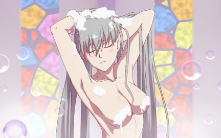 armpits arms_up bare_arms bare_shoulders bathing bathroom big_breasts blush body_blush breasts ccherias closed_eyes collarbone completely_nude convenient_censoring female grey_hair long_hair monogatari_(series) nude oikura_sodachi soap soap_bubbles soap_censor upper_body washing_hair wet_body wet_hair