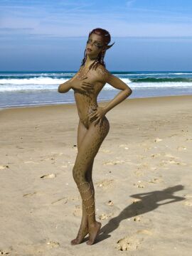 1girls 3d baldur's_gate_3 breasts completely_nude covering_breasts dungeons_and_dragons female forgotten_realms gith githyanki green_skin lae'zel mjrs nude nude_female pointy_ears