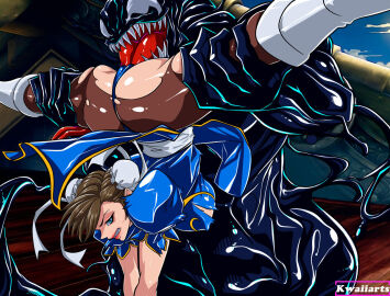 1boy 1girls capcom chun-li clothed clothing crossover eddie_brock female long_tongue male marvel marvel_comics marvel_vs._capcom oral oral_sex pantyhose spider-man_(series) street_fighter torn_clothes venom_(marvel)