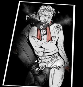 1cuntboy 2boys black_and_white boot_fetish boots clothed_sex comic comic_panel cuntboy gay humping humping_leg intersex male metal_gear metal_gear_solid moaning niakku pussy revolver_ocelot rubbing_pussy scarf sound_effects tongue tongue_out