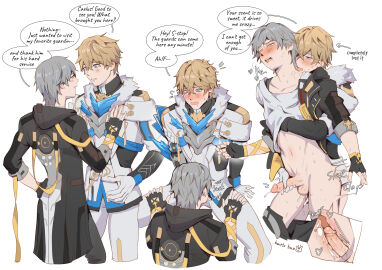 2boys 2d absurd_res absurdres anal ass athletic athletic_male blonde_hair blue_accents blue_eyes blush caelus_(honkai:_star_rail) color colored crimson_roach dark_clothing drooling fully_clothed gay gepard_(honkai:_star_rail) grey_hair hand_on_chest handjob hands_on_thighs high_resolution highres honkai:_star_rail jerkingoff_another licking_neck looking_pleasured male male/male male_only mouth_open oral oral_sex partially_clothed penis penis_in_ass pounding pounding_ass reach_around speech_bubble unbuckled_belt white_clothing yaoi