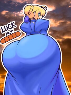 1girls ahoge artoria_pendragon artoria_pendragon_(saber) ass ass_bigger_than_head ass_body ass_focus ass_in_dress blonde_hair breasts dress fate/grand_order fate/stay_night fate_(series) female from_behind from_below gameplay_mechanics gensin gigantic_ass green_eyes huge_breasts photo_background saber solo text wide_hips