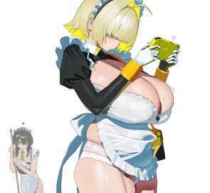 2girls black_hair blonde_hair breasts elegg_(nikke) female goddess_of_victory:_nikke hintobento huge_breasts maid maid_uniform necktie nintendo_switch_2 sweat trony_(nikke)