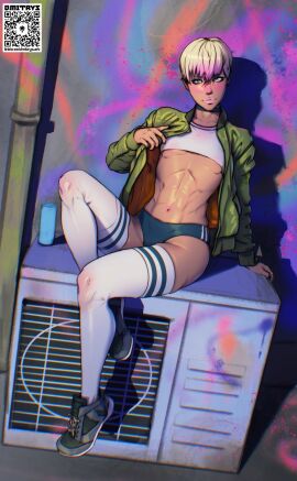 1boy blonde_hair buruma crop_top cropped_shirt dmitrys femboy femboy_only green_jacket looking_at_viewer male male_only peach_(dmitrys) shoes short_shorts sitting sneakers solo solo_femboy streetwear thighhighs toned toned_femboy toned_male