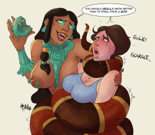 2girls big_breasts breasts breath_play coiling constriction dafuqart dark-skinned_female dark_skin fangs female femdom femsub glowing_eyes green_eyes lamia lara_croft lesbian lezdom light-skinned_female light_skin monster_girl naga nipple_piercing nipples nose_ring peril tomb_raider