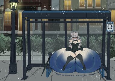 annoyed_expression ass_expansion ass_inflation bambi_(velvet_bambi) big_ass blue_skin blueberry_inflation embarrassed original original_character velvet_bambi white_hair