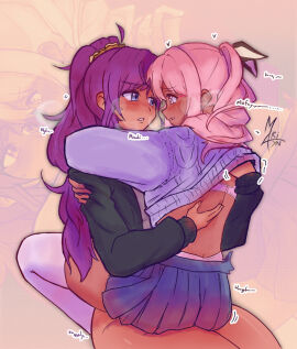 1 akiyama_mizuki asahina_mafuyu female imminent_sex m4ri_lyn_(artist) other pink_hair project_sekai purple_hair skirt thighhighs trans_woman transfem yuri