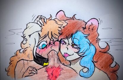 1boy 2girls assisted_fellatio big_penis blue_eyes blue_hair blush brown_hair canine chinchilla chinchilla_girl claws collar dog_ears dog_girl dog_tail female keiramevt krexvt_(character) latam_virtual_youtuber light_brown_hair lilybell_vt male one_eye_closed oneeshi penis pubic_hair red_hair sucking sucking_penis tear tearing_up tears tongue tongue_out two-tone_hair virtual_youtuber vtuber vtuberfanart