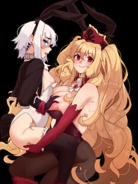 2024 2girls anne_bonny_(fate/grand_order) big_breasts blonde_hair blue_eyes breasts bunny_ears bunnysuit clothed clothing elbow_gloves fate/grand_order fate_(series) female female_only gloves hat human larger_female leotard light-skinned_female light_skin long_hair mary_read_(fate/grand_order) mostly_clothed multiple_females multiple_girls pirate_hat red_eyes scar scar_on_face short_hair side_view sitting size_difference small_breasts straddling thick_thighs thighhighs todding white_hair wide_hips yuri