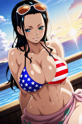 1girls ai_generated american_flag_bikini big_breasts bikini blue_eyes breasts clothing female female_focus female_only glasses glasses_on_head hi_res high_resolution huge_breasts large_breasts light-skinned_female light_skin long_hair looking_at_viewer nico_robin one_piece only_female shiny_body shiny_breasts shiny_skin smile smiling smiling_at_viewer upscaled