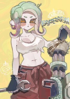 1girls black_gloves breasts cleavage female gloves holding_object holding_wrench light-skinned_female light_skin mechanic_(splatoon_raiders) mechanic_(splatoon_raiders)_(cosplay) navel nintendo octoling octoling_girl orange_pants pants shirt_tied_up short_hair smchan_hll solo solo_female solo_focus splatoon splatoon_(series) splatoon_raiders tank_top tentacle_hair tied_shirt twitter_link weapon white_tank_top wrench yellow_background