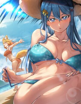 2girls absurd_res absurdres adult adult_female animal_ear_fluff animal_ears animal_tail ass bare_armpits bare_arms bare_ass bare_belly bare_butt bare_calves bare_chest bare_hands bare_hips bare_knees bare_legs bare_midriff bare_navel bare_shoulders bare_skin bare_thighs beach beach_hat belly belly_button bikini bikini_bottom bikini_only bikini_top blonde-haired_female blonde_eyebrows blonde_female blonde_hair blue-eyed_female blue-haired_female blue_background blue_bikini blue_bikini_bottom blue_bikini_top blue_eyebrows blue_eyes blue_fingernails blue_hair blue_nail_polish blue_nails blue_sky blue_string_bikini blue_swimsuit blue_swimwear blush blush_lines blushing_at_viewer blushing_female breasts breasts_apart busty busty_female calves choker cleavage clouds coast collar collarbone day daytime dot_nose dripping_wet embarrassed_female eyebrows_visible_through_hair feet female female_focus female_only fingernails fingers frown frown_eyebrows frowning frowning_at_viewer full_body hair_between_eyes hair_ornament hair_ornaments hairpin half_naked half_nude hand_on_leg hand_on_own_leg hand_on_own_thigh hand_on_thigh high_resolution highres horizon hta knees large_breasts lean_figure legs light-skined_female light-skinned_female light_skin long_hair looking_at_viewer mature_female multiple_females multiple_girls nail_polish nails naked naked_female narrow_waist navel neshia_(tsaqif0309) nude nude_female nudity ocean orange-eyed_female orange_bikini orange_bikini_bottom orange_bikini_top orange_eyes orange_string_bikini orange_swimsuit orange_swimwear original original_art original_artwork original_character outdoor_nudity outdoors outside palm_tree red_choker red_collar sand sea seaside shoulders side-tie_bikini sitting sky slender_body slender_waist slim_female slim_waist soaked standing string_bikini swimsuit swimwear thick_ass thick_thighs thighs thin_waist tongue tongue_out underboob upper_body wet wet_belly wet_bikini wet_body wet_breasts wet_face wet_hair wet_legs wet_skin wet_thighs wide_hips yellow_bikini yellow_bikini_bottom yellow_bikini_top yellow_string_bikini yellow_swimsuit yellow_swimwear