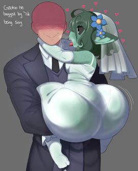 1boy 1girls 2025 2d 2d_(artwork) ass ass_bigger_than_head big_ass black_sclera bottom_heavy breasts bride bubble_ass bubble_butt carrying carrying_partner duplicate english english_text faceless_male fat_ass female flowers flowers_in_hair fully_clothed gigantic_ass goblin goblin_female green_skin heart high_resolution highres huge_ass human interspecies larger_male male married monster_girl open_mouth pointy_ears saliva_string saliva_trail see-through see-through_clothing shortstack size_difference small_breasts smaller_female suit text thong vammzu veil white_thong wholesome