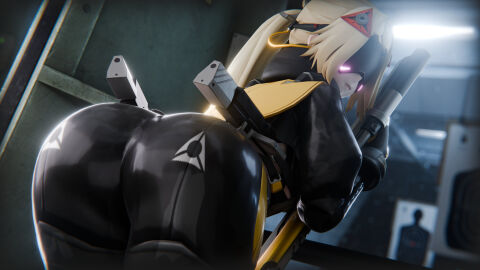 1girls 3d ass bent_over big_ass blonde_hair bubble_ass bubble_butt clothing dkclaude3d fat_ass female female_only gun huge_ass indoors large_ass looking_at_viewer looking_back rifle shooting_range sniper soldier solo thick_ass thick_thighs trigger_(zenless_zone_zero) visor wide_hips zenless_zone_zero