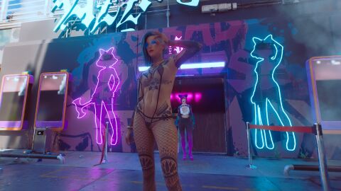 2girls 3d bikini breasts breasts_out cyberpunk_2077 female female_only fishnet fishnet_legwear fishnet_stockings glasses multiple_females multiple_girls panties pubic_hair pubic_hair_peek pussy red_lipstick rita_wheeler tattoo thick_thighs tights v_(cyberpunk_2077) vagina valerie_(cyberpunk_2077) white_hair