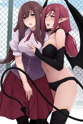 2girls black_thighhighs blush breast_press breasts brown_hair demon desperation female have_to_pee kokomachi long_hair navel need_to_pee open_mouth pointy_ears red_hair school_uniform skirt succubus tail thighhighs tongue yuri