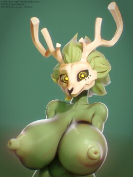 2024 3:4 3d anthro areola big_breasts big_nipples black_body blender_(artwork) bone breast_squish breasts canid canine erect_nipples female female/female fur green_areola green_nipples hair hi_res horn huge_breasts iii_oridas_iii looking_at_viewer mammal nipples nude orange_eyes orilas scraper_city simple_background skull skull_head smile solo squish wicker_(welwraith) wide_hips yellow_eyes