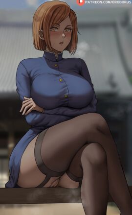 1girls assertive_female big_breasts black_socks blush blushing_at_viewer breasts brown_eyes brown_hair clothed clothed_female crossed_legs exposed_pussy female hot huge_breasts jujutsu_kaisen kugisaki_nobara light-skinned_female light_skin mommy mommy_milkers musky musky_pussy nobara_kugisaki oroborusart pussy pussy_slit savagexthicc school_uniform schoolgirl sexy short_hair socks steam steam_clouds steamy_pussy stockings thick_thighs thigh_socks thighhighs thighs