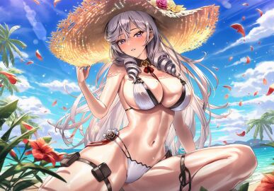 algerie_(azur_lane) algerie_(white_sand_paradise)_(azur_lane) azur_lane bare_shoulders beach bikini blue_sky blush breasts brown_bikini cg cleavage cloud day drill_hair drill_sidelocks female flower grey_hair hair_between_eyes hand_up hat hat_flower large_breasts long_hair looking_at_viewer mole mole_on_breast mole_under_eye navel ocean official_alternate_costume outdoors palm_leaf palm_tree parted_lips petals purple_eyes red_flower sideboob sidelocks sitting sky smile solo stomach straw_hat sun_hat swimsuit thigh_strap thighs tree twin_drills two-tone_bikini white_bikini