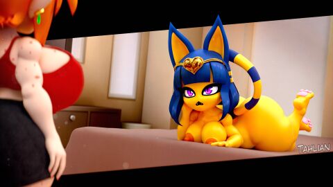2girls 3d 3d_model animal_crossing ankha ankha_(animal_crossing) ankha_(vonvivianov) anthro areolae ass barefoot bed big_ass bottom_heavy breasts cleo_claws_(vonvivianov) clothed_female_nude_female completely_nude domestic_cat doubutsu_no_mori felicia_(tahlian) felid feline female female_only full_body looking_at_another nairu_(doubutsu_no_mori) naked naked_female nintendo nipples nude nude_female on_side small_breasts tahlian vonvivianov yellow_body yellow_fur
