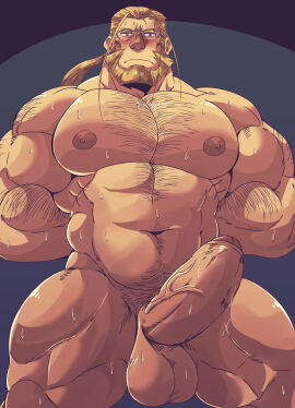 balls bara beard big_balls big_penis blonde_hair daddy dilf erection fullmetal_alchemist hohenheim juggermelon male male_nipples male_only masculine_male mature_male muscular muscular_male nipples nude penis sweat sweating yaoi