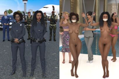 3d 4girls 5girls assault_rifle before_and_after bikini black_hair blonde_hair bondage bound_wrists cloth_gag clothed_female_nude_female dark-skinned_female dark_skin female gag gagged getyourclothesoff gun male multiple_boys multiple_females multiple_girls multiple_males original pink_bikini police police_uniform police_woman swimsuit weapon