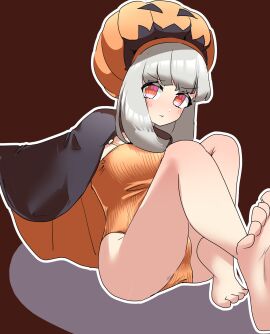 1girls ass blush cape crotch d4dj elsie_(d4dj) feet female halloween hat jack-o'-lantern light_green_leaf red_eyes thick_thighs
