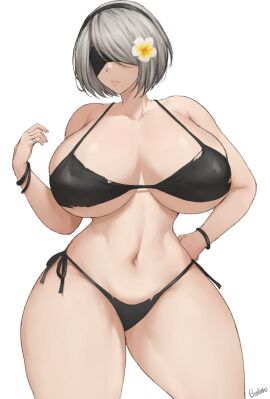 1girls android android_girl bakaatako batako big_breasts big_thighs bikini black_bikini blindfold breasts female female_focus female_only flower flower_in_hair grey-haired_female grey_hair hips light-skinned_female light_skin nier nier:_automata nier_(series) robot robot_girl robot_humanoid solo solo_female solo_focus thick_thighs thighs wide_hips yorha_2b