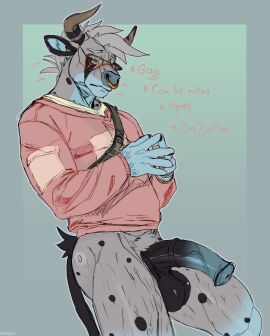 2025 2_horns 5_fingers absurd_res animal_genitalia animal_penis anthro balls big_balls big_penis biped black_balls black_genitals black_penis blue_body blue_fur blue_genitals blue_penis blush bodily_fluids bottomless bottomless_anthro bottomless_male bovid bovine brown_horn cattle clothed clothing digital_media_(artwork) dripping english_text equine_genitalia equine_penis erection eyewear facial_piercing fingers flared_penis fur genital_fluids genitals glasses grey_body grey_fur grey_hair hair half-erect hi_res hoodie horn horn_jewelry horn_ring jewelry looking_at_viewer male male_anthro mammal markings medial_ring milajanh multicolored_genitals multicolored_penis muscular nose_piercing nose_ring partially_clothed penis piercing pink_clothing pink_topwear precum precum_drip red_eyes ring ring_(jewelry) ring_piercing septum_piercing septum_ring shirt simple_background solo spots spotted_body standing sweat sweater tail text topwear tuft vein veiny_penis