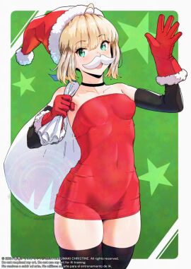 1girls ahoge areola_bulge artoria_pendragon bare_shoulders black_legwear black_stockings blonde_hair blush breasts choker christmas_hat christmas_outfit collarbone cute dress elbow_gloves excited fake_moustache fate/stay_night fate_(series) female female_only gloves happy hips legwear light-skinned_female light_skin looking_at_viewer nanahime navel_visible_through_clothes nipple_bulge no_bra one_hand_up open_mouth open_smile red_dress sack short_dress short_hair small_breasts smile solo standing stockings thick_thighs thighs tight_clothing tight_fit turquoise_eyes waist waving