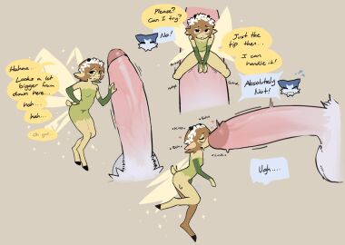 1boy 1girls anthro bovid caprine dialogue disembodied_penis duo english_text extreme_size_difference fairy female flower flower_crown fur genitals giant goat hooves humanoid_genitalia humanoid_penis insect_wings larger_male licking macro male male/female mammal micro micro_on_macro micro_on_penis minigirl minigirl_on_penis oral penile penis penis_lick penis_riding plant sex short_tail size_difference smaller_female tail tan_body tan_fur text tongue vulva wings yagihorns zota_mayflower