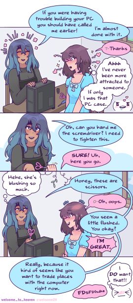 2girls aroused aroused_face blue_eyes blue_hair blush brown_hair drooling ear_piercing emma_(welcome_to_heaven) fantasizing flowers flustered fully_clothed heart heart-shaped_pupils hearts_around_head incomprehensible lesbian_couple pc pink_eyes pink_hair pink_highlights romantic_couple sasha_(welcome_to_heaven) scissors smirk smirking sparkles sparkling_eyes trans_woman trans_woman_(lore) transfem transgender_woman turned_on two-tone_hair welcome_to_heaven yuri