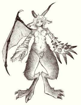 1_wing anthro areola bandage bandaged_arm barefoot bodily_fluids bonnie_guerra broken_horn claws digitigrade drooling ear_piercing ear_ring eye_on_hand facial_piercing feet futanari genital_piercing genitals hi_res horn intersex looking_at_viewer membrane_(anatomy) membranous_wings monochrome monster mouth_on_hand multi_nipple navel nipples nose_piercing notched_wings penis penis_piercing piercing ring_piercing saliva shaggy_hair sharp_teeth small_penis smile solo spikes spikes_(anatomy) standing teeth unusual_anatomy wings
