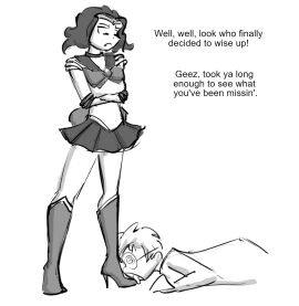 1boy 1girls arms_crossed bishoujo_senshi_sailor_moon boot_fetish boot_licking boot_worship boots brooklyn_accent brown_hair celera_prime choker clothing couple elbow_gloves elbow_tuft elbow_tufts english english_text female femdom femdom_caption foot_fetish foot_lick foot_play foot_worship footwear gentle_femdom glasses glasses_on_head gloves high_heel_boots high_heels knee_boots male miniskirt naru_osaka ribbon sailor_earth short_hair skirt umino_gurio white_gloves