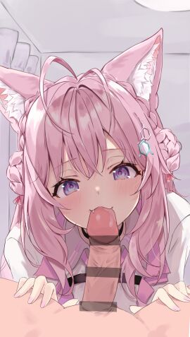 1boy :3 absurdres animal_ears antenna_hair bar_censor black_choker blue_eyes blush braid braided_bun censored chest_strap choker coat collared_shirt crown_braid double_bun fellatio female fingernails gradient_eyes hair_between_eyes hair_bun hair_ribbon hakui_koyori hakui_koyori_(1st_costume) hands_on_another's_thighs highres hololive hololive_japan holox indoors lab_coat long_hair looking_at_viewer male multicolored_eyes nail_polish oerba_yun_fang oral penis pink_eyes pink_hair pink_nails pink_ribbon purple_eyes ribbon saliva_on_penis shirt smile solo_focus tonton_utaro veins veiny_penis virtual_youtuber white_coat white_shirt wolf_ears wolf_girl