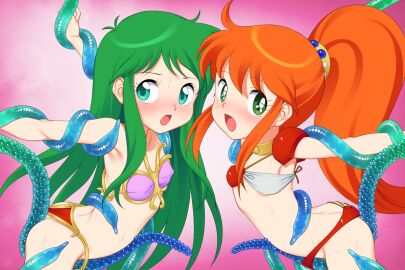 2girls armor armpits arms_up ass ass_cleavage ass_crack assjob ayanokouji_rem between_thighs bikini bikini_armor bikini_pull breasts butt_crack buttjob buttjob_under_clothes caron_(rall) choker clothes_pull commentary_request commission commissioner_upload crossover dream_hunter_rem face-to-face female fugetsu_taku green_eyes green_hair grinding leaning_forward long_hair multiple_females multiple_girls open_mouth orange_hair outstretched_arms pink_bikini ponytail red_bikini restrained sf_choujigen_densetsu_rall shoulder_armor skeb_commission small_breasts swimsuit tentacle tentacles_under_clothes trait_connection very_long_hair