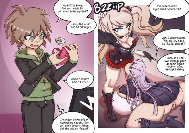 1boy 1futa 1girls ass blazer blonde_hair blue_eyes boots bottomless bow bra breasts brown_eyes brown_hair button_down_shirt cheating cheating_girlfriend cleavage clothed clothing commissioner_upload cucked_by_futa cuckold danganronpa danganronpa:_trigger_happy_havoc dialogue dvd english_dialogue english_text female filming fully_clothed futa_on_female futanari gift gift_box gigantic_breasts heel_boots heeled_boots hoodie huge_ass huge_breasts human intersex izzybsides junko_enoshima kirigiri_kyouko kneeling light-skinned_female light-skinned_futa light-skinned_male light_skin male mostly_clothed naegi_makoto netorare no_panties ntr pants purple_eyes purple_hair pussy recording skirt standing text tie venus_body