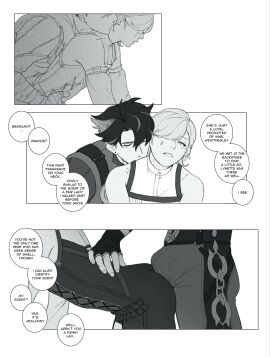 2boys anpanroll ass assjob bare_shoulders bent_over bubble_ass bubble_butt buttjob english_text erection gay genshin_impact greyscale grinding hi_res lyney_(genshin_impact) male male_only sex twink waist_grab wriothesley_(genshin_impact) yaoi