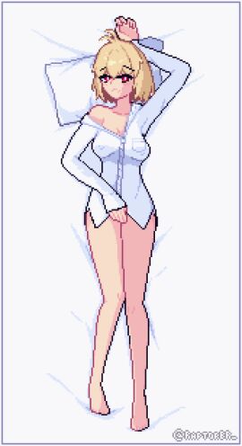 1girls alternate_costume antenna_hair arcueid_brunestud ass bare_legs barefoot big_ass big_breasts blonde_hair blush breasts cleavage collared_shirt curvy curvy_figure feet female huge_breasts laying_on_bed long_sleeves looking_at_viewer melty_blood naked_shirt open_clothes partially_unbuttoned raptorbr raptorbr_(artist) red_eyes resting shirt short_hair sideways solo tagme top_heavy tsukihime type-moon white_shirt