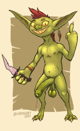 1boy absurd_res anthro balls beer_belly big_penis bodily_fluids chozogoat claws dagger digitigrade dripping ear_piercing feather_ear_ring foreskin freckles genital_fluids genitals gesture glistening glistening_body goblin goblin_male green_body green_skin hair hand_gesture hi_res holding_object holding_weapon humanoid_genitalia leaking_precum long_ears looking_at_viewer male male_only melee_weapon middle_finger nipple_piercing nipples no_sclera nude oiled_body penis piercing precum precum_drip pupils red_hair saggy_balls scrimby_(chozogoat) slit_pupils solo solo_male toothy_smile uncircumcised weapon wristband yellow_eyes