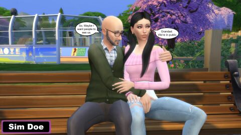 1boy 3d age_difference black_hair caption captions couple couple_(romantic) cute cute_face davion_cross_(sim_doe) dianna_cross_(sim_doe) english english_text female grandfather_and_granddaughter grey_hair in_public male old_male original_characters petite petite_female pussy rubbing rubbing_pussy sim_doe speech_bubble the_sims the_sims_4 younger_female
